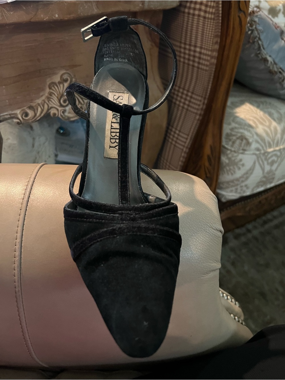 Sam & Libby Black Suede T-Strap Pointed-Toe Heel
